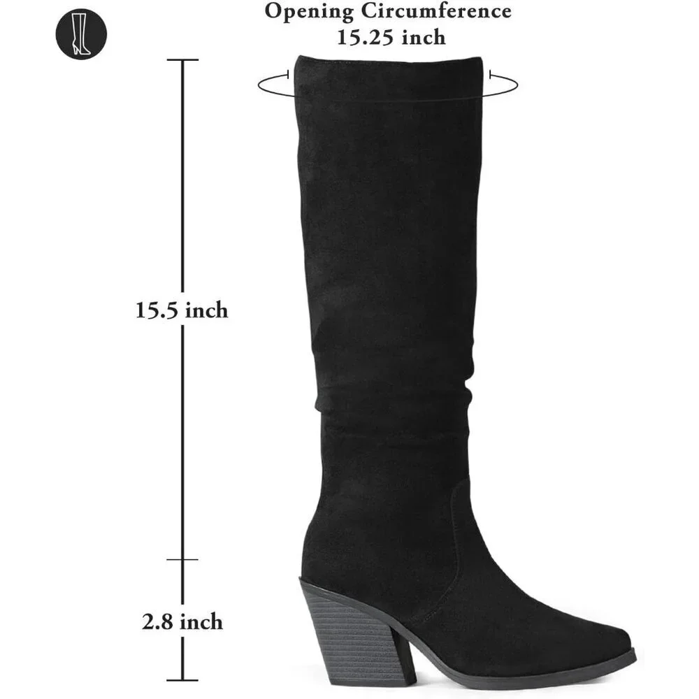 Women's Black Faux Suede Chunky Heel Boots Side Zipper Slouchy Knee High Boots
